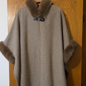 Hooded Wool-Blend Cape with Faux Fur Trim - Taupe
